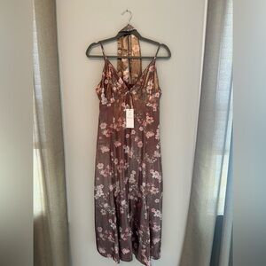 WAYF Brown Metallic Satin Floral Babydoll Midi Dres